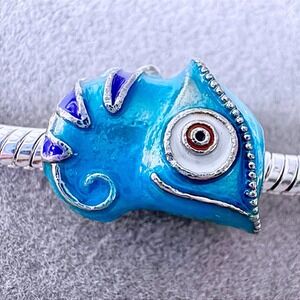 Blue Chameleon Animal Bead Silver Enamel Reptile Lizard Charm fits PANDORA